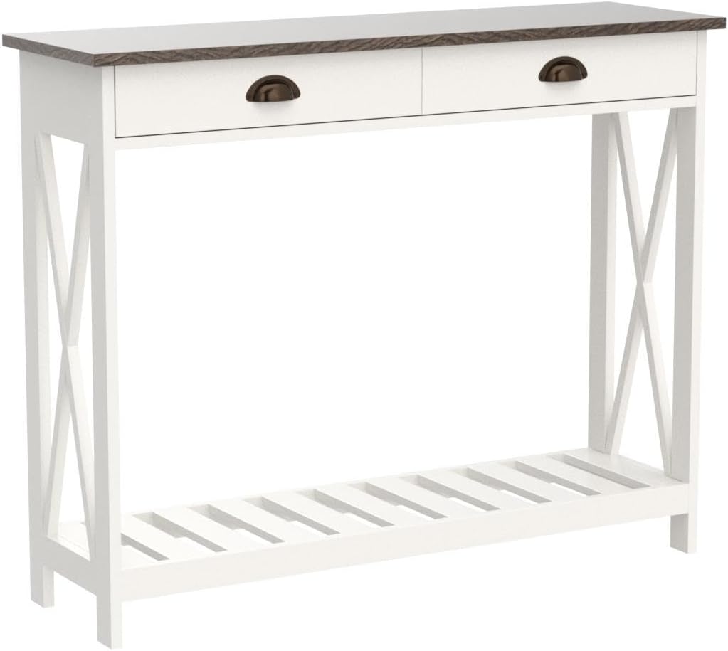 ChooChoo Farmhouse Console Table with Drawer for Entryway, Narrow Long Entry Table with Shelf for Living Room, Rustic Vintage Hallway Sofa Table with Stable X Supports, 40 White