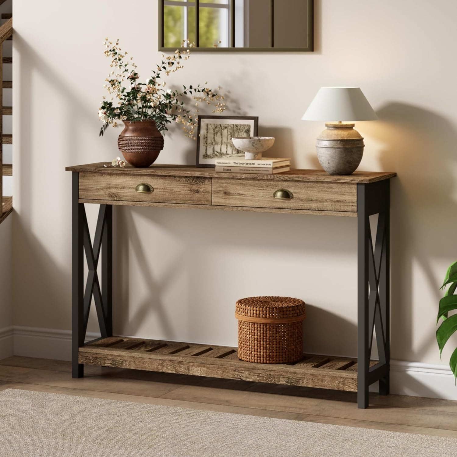 ChooChoo Farmhouse Console Table with Drawer for Entryway, Narrow Long Entry Table with Shelf for Living Room, Rustic Vintage Hallway Sofa Table with Stable X Supports, 40 White